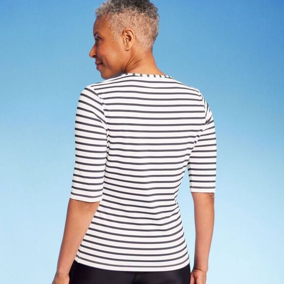 Lands' End - Women's Rashguard Swim Top Navy Blue Wh Navy Blue/White - Picture 2 of 4